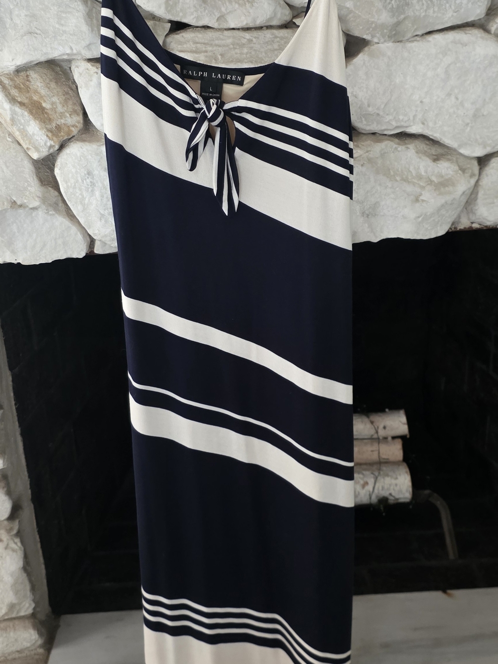 Ralph Lauren Navy and Ivory Striped Tie-Neck Dress